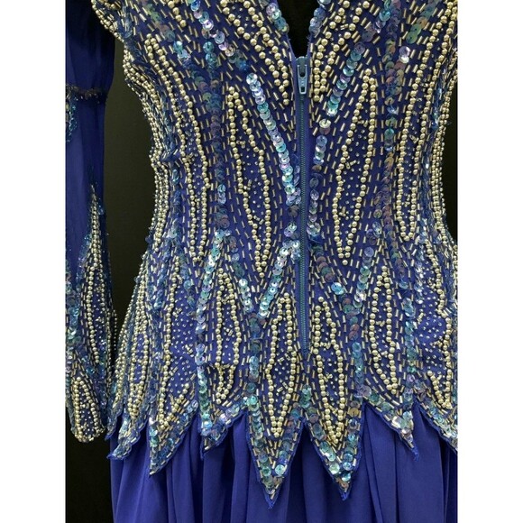 Vintage Jacquline Electric Blue Swing Dress w/Heavy Beaded Bodice 100% Silk SZ 8 - Picture 9 of 14